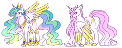 Size: 3256x1306 | Tagged: safe, artist:peachplumeria, princess celestia, alicorn, pony, alternate design, alternate hairstyle, bags under eyes, cloven hooves, collar, colored hooves, colored wings, colored wingtips, cute, cutelestia, description is relevant, ear fluff, ethereal mane, female, flowing mane, headcanon, jewelry, mare, missing accessory, necklace, pink-mane celestia, regalia, simple background, smiling, tired, white background