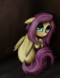 Size: 1000x1300 | Tagged: safe, artist:zetamad, fluttershy, pegasus, pony, blood, crying, female, floppy ears, folded wings, injured, lip bite, looking at you, looking back, mare, raised hoof, rear view, sad, sitting, solo, teary eyes