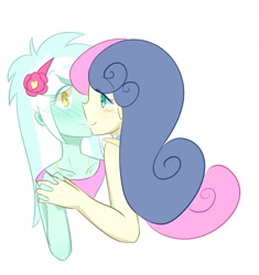 Size: 1372x1460 | Tagged: safe, artist:yuck, bon bon, lyra heartstrings, sweetie drops, equestria girls, adorabon, blushing, colored pupils, cute, female, flower, flower in hair, holding hands, kissing, lesbian, looking at each other, lyrabetes, lyrabon, shipping, simple background, white background