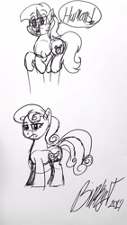 Size: 1836x3264 | Tagged: safe, artist:binkyt11, derpibooru exclusive, bon bon, lyra heartstrings, sweetie drops, earth pony, pony, unicorn, bon bon is not amused, dialogue, duo, female, frown, grayscale, irrational exuberance, mare, monochrome, signature, smiling, that pony sure does love humans, traditional art, unamused