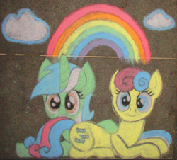 Size: 3327x3006 | Tagged: safe, artist:malte279, bon bon, lyra heartstrings, sweetie drops, pony, chalk drawing, female, lesbian, lyrabon, rainbow, shipping, traditional art