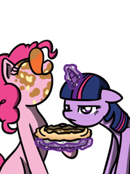 Size: 1280x1707 | Tagged: safe, artist:flutterluv, derpibooru import, pinkie pie, twilight sparkle, earth pony, pony, eating, food, levitation, magic, pi day, pie, tongue out, twilight is not amused, unamused