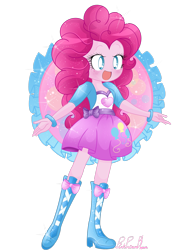 Size: 1280x1656 | Tagged: safe, artist:pinkprincessblossom, pinkie pie, equestria girls, boots, clothes, cute, diapinkes, happy, high heel boots, looking at you, moe, open mouth, signature, simple background, skirt, smiling, solo, transparent background