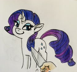 Size: 3024x2838 | Tagged: safe, artist:littlemissyxdl, rarity, human, pony, unicorn, cute, female, knife, knife cat, looking at you, mare, offscreen character, ponified animal photo, raribetes, traditional art