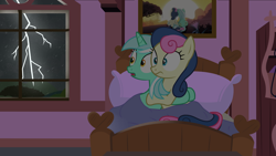 Size: 12000x6750 | Tagged: safe, artist:mundschenk85, bon bon, lyra heartstrings, sweetie drops, earth pony, pony, unicorn, absurd resolution, bed, female, hug, lesbian, lightning, lyrabon, mare, scared, shipping, show accurate