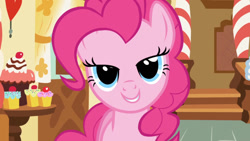 Size: 1280x720 | Tagged: safe, screencap, pinkie pie, pony, applebuck season, grin, looking at you, out of context, smiling, solo, sugarcube corner