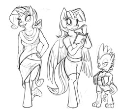 Size: 650x577 | Tagged: safe, artist:tsitra360, derpibooru import, rarity, spike, twilight sparkle, twilight sparkle (alicorn), alicorn, anthro, unguligrade anthro, belly button, book, clothes, monochrome, shirt, shorts, sketch, tongue out