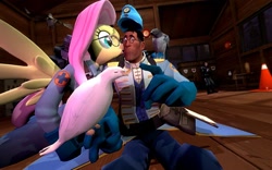 Size: 1024x640 | Tagged: safe, fluttershy, anthro, 3d, archimedes, crossover, fluttermedic, kissing, medic, medishy, shipping, team fortress 2