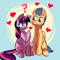 Size: 1280x1280 | Tagged: safe, artist:comikazia, derpibooru import, flash sentry, twilight sparkle, twilight sparkle (alicorn), alicorn, pony, blushing, female, flashlight, heart, male, mare, not sure if want, question mark, shipping, straight