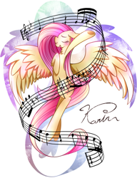 Size: 1000x1300 | Tagged: safe, artist:catcatcatandcat, fluttershy, pegasus, pony, eyes closed, flying, hooves to the chest, music notes, musical staff, open mouth, singing, solo, spread wings, wings