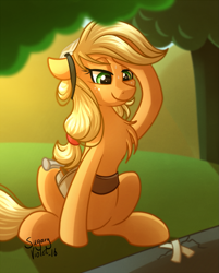 Size: 1029x1280 | Tagged: safe, artist:sugaryviolet, applejack, earth pony, pony, sitting, solo, sweat, toolbelt