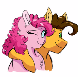 Size: 3000x3000 | Tagged: safe, artist:scarletskitty12, cheese sandwich, pinkie pie, earth pony, pony, cheesepie, chest fluff, ear fluff, female, male, mare, one eye closed, shipping, simple background, smiling, stallion, straight, white background