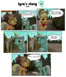 Size: 3256x3824 | Tagged: safe, artist:goatcanon, applejack, lyra heartstrings, earth pony, pony, unicorn, comic:lyra's story, 3d, comic, levitation, magic, source filmmaker, sweet apple acres, telekinesis