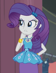 Size: 787x1013 | Tagged: safe, screencap, rarity, better together, equestria girls, rarity investigates: the case of the bedazzled boot, bracelet, clothes, clothes rack, cropped, cute, female, geode of shielding, jewelry, magical geodes, pencil skirt, raribetes, skirt, solo, thinking