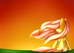 Size: 2360x1700 | Tagged: safe, artist:ladyunilove, fluttershy, pegasus, pony, folded wings, hair over eyes, head turn, looking away, open mouth, rear view, sitting, solo, sunrise, sunset, windswept mane