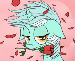 Size: 1229x1003 | Tagged: safe, artist:manual-monaro, lyra heartstrings, pony, unicorn, bust, curved horn, floppy ears, flower, flower in mouth, flower petals, lidded eyes, looking at you, mouth hold, petals, portrait, rose, rose in mouth, smiling, solo, wind, windswept mane