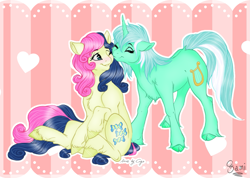 Size: 1233x876 | Tagged: safe, artist:cigarscigarettes, artist:princesssnowfreeze, bon bon, lyra heartstrings, sweetie drops, classical unicorn, earth pony, pony, unicorn, collaboration, adorabon, blushing, chest fluff, cloven hooves, colored, cute, female, fluffy, kiss on the cheek, kissing, lesbian, lyrabetes, lyrabon, mare, shipping, unshorn fetlocks