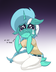 Size: 1100x1400 | Tagged: safe, artist:dragonpone, derpibooru exclusive, lyra heartstrings, anthro, unguligrade anthro, arm hooves, cheek fluff, clothes, crying, ear fluff, female, floppy ears, frown, gradient background, kneeling, messy hair, pants, sad, shaking, shirt, solo, t-shirt, that pony sure does love hands, underhoof, vulgar