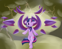 Size: 2000x1583 | Tagged: safe, artist:mrrowboat, derpibooru import, twilight sparkle, unicorn twilight, pony, unicorn, android, bipedal, cloud, cloudy, female, lightning, magic, mare, one eye closed, replica, spread wings, wings