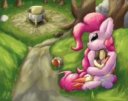 Size: 3583x2817 | Tagged: safe, artist:firefanatic, pinkie pie, human, cuddling, cute, fluffy, forest, size difference, spaceship, spacesuit