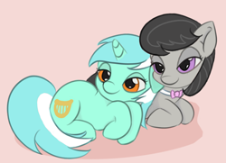 Size: 1258x909 | Tagged: safe, artist:treekickerdraws, lyra heartstrings, octavia melody, earth pony, pony, unicorn, bedroom eyes, best friends, cute, female, lying, lying on top of someone, lyrabetes, mare, octyra, shipping, snuggling, tavibetes