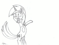 Size: 3300x2550 | Tagged: safe, artist:algernon97, lyra heartstrings, pony, unicorn, bipedal, female, grayscale, mare, monochrome, open mouth, simple background, solo, traditional art, white background