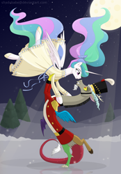 Size: 1200x1725 | Tagged: safe, artist:shadobabe, discord, princess celestia, alicorn, draconequus, pony, clothes, dancing, dislestia, dress, eye contact, female, looking at each other, male, mare, night, pas de deux, shipping, smiling, smiling at each other, straight, the nutcracker