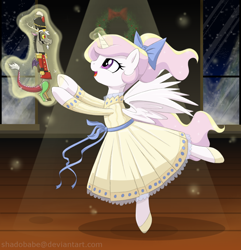 Size: 1200x1244 | Tagged: safe, artist:shadobabe, discord, princess celestia, alicorn, draconequus, pony, semi-anthro, ballerina, ballet, bow, cewestia, clothes, cute, cutelestia, dancing, dislestia, dress, female, filly, glowing horn, hair bow, magic, male, nutcracker doll, pink-mane celestia, ponytail, shipping, straight, telekinesis, the nutcracker, younger