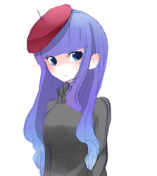 Size: 624x700 | Tagged: safe, artist:mizoreame, rarity, human, beatnik rarity, beret, clothes, cute, female, hat, humanized, raribetes, simple background, solo, sweater, white background