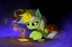 Size: 1219x804 | Tagged: safe, artist:breakdream, lyra heartstrings, pony, unicorn, blanket, candle, chips, eye reflection, female, food, glowing horn, magic, mare, mist, paper, potato chips, reflection, smiling, solo, telekinesis, writing