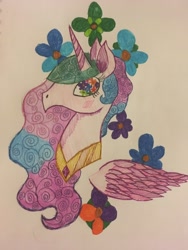 Size: 3024x4032 | Tagged: safe, artist:ice-star-pony, princess celestia, alicorn, pony, blushing, bust, eyelashes, flower, flowing mane, missing accessory, solo, surreal, traditional art, wingding eyes