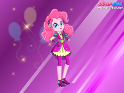 Size: 800x600 | Tagged: safe, artist:user15432, pinkie pie, human, equestria girls, legend of everfree, clothes, crystal guardian, cutie mark, gloves, headband, looking at you, ponied up, purple background, shoes, solo, sparkles, starsue, super ponied up