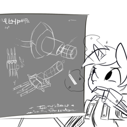 Size: 1650x1650 | Tagged: safe, artist:tjpones, lyra heartstrings, pony, unicorn, amputee, blueprint, chalk, chalkboard, grayscale, magic, mechanical hands, monochrome, prosthetic limb, prosthetics, simple background, solo, telekinesis, white background