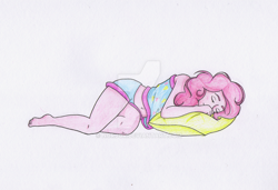 Size: 1024x701 | Tagged: safe, artist:norjor, pinkie pie, equestria girls, clothes, pajamas, pillow, sleeping, solo, traditional art, watermark