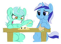 Size: 1272x934 | Tagged: safe, artist:elslowmo, lyra heartstrings, minuette, pony, angry, chopsticks, duo, eating, food, frustrated, gritted teeth, imminent rage, sandwich, struggling, sushi