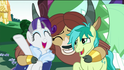 Size: 1920x1080 | Tagged: safe, edit, edited screencap, screencap, rarity, sandbar, yona, earth pony, pony, unicorn, yak, the last problem, bracelet, cape, clothes, cloven hooves, eyes closed, female, group hug, happy, hug, jewelry, male, older, older rarity, older sandbar, older yona, removed eyebag edit, smiling, stallion