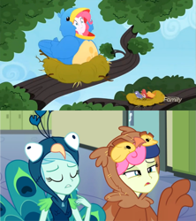 Size: 683x768 | Tagged: safe, screencap, bon bon, constance, lyra heartstrings, pinkie pie, sweetie drops, bird, all's fair in love and friendship games, eqg summertime shorts, equestria girls, the art of friendship, animal costume, bird costume, bird nest, bon bon is not amused, bon owl, chickadee (bird), clothes, costume, house finch, lyrabird, nest, pinkie birdie, sitting in a tree, songbird, tree branch, unamused