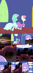 Size: 2400x5200 | Tagged: safe, artist:jake heritagu, bon bon, diamond tiara, lyra heartstrings, scootaloo, sweetie drops, pony, comic:ask motherly scootaloo, aura, clothes, comic, dress, fangs, motherly scootaloo, red eyes, vulgar