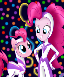 Size: 2500x3000 | Tagged: safe, artist:liniitadash23, fili-second, pinkie pie, earth pony, pony, equestria girls, movie magic, spoiler:eqg specials, clothes, costume, duo, female, grin, human ponidox, looking at each other, mare, power ponies, self ponidox, smiling