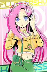 Size: 792x1224 | Tagged: safe, artist:banzatou, fluttershy, human, belly button, clothes, cute, female, headphones, humanized, looking at you, manga style, midriff, short shirt, shyabetes, skirt, solo