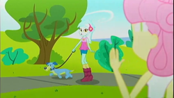 Size: 1280x720 | Tagged: safe, fluttershy, lyra heartstrings, dog, epic fails (equestria girls), eqg summertime shorts, equestria girls, blue dog, female