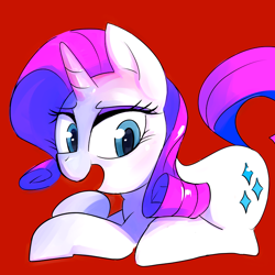 Size: 750x750 | Tagged: safe, artist:baigak, rarity, pony, unicorn, female, mare, open mouth, prone, red background, simple background, solo