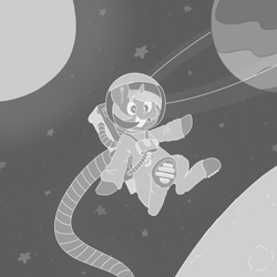 Size: 1100x1100 | Tagged: safe, artist:grim ponka, lyra heartstrings, pony, unicorn, astronaut, atg 2017, grayscale, monochrome, newbie artist training grounds, planet, smiling, solo, space, spacesuit