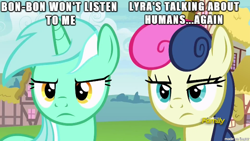 Size: 610x343 | Tagged: safe, edit, edited screencap, screencap, bon bon, lyra heartstrings, sweetie drops, earth pony, pony, unicorn, triple threat, bon bon is not amused, discovery family logo, duo, female, image macro, lesbian, lyra is not amused, lyrabon, meme, shipping, unamused