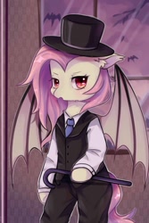 Size: 750x1125 | Tagged: safe, artist:nitrogenowo, fluttershy, bat pony, pony, semi-anthro, cane, clothes, female, flutterbat, hat, looking at you, mare, necktie, pants, race swap, solo, top hat, vest