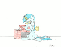 Size: 3300x2550 | Tagged: safe, artist:algernon97, lyra heartstrings, pony, unicorn, atg 2017, chest fluff, coffee mug, desk, levitation, magic, mug, newbie artist training grounds, pencil, solo, telekinesis, the creative process at work, tired, traditional art