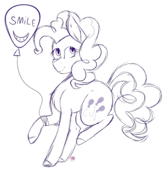 Size: 4737x4942 | Tagged: safe, artist:doux-ameri, pinkie pie, earth pony, pony, absurd resolution, balloon, monochrome, raised hoof, simple background, sketch, smiling, solo, transparent background