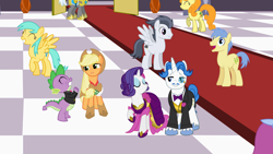 Size: 1280x720 | Tagged: safe, artist:nstone53, applejack, carrot top, fancypants, golden harvest, goldengrape, rarity, rumble, sir colton vines iii, spike, sunshower raindrops, dragon, earth pony, pony, unicorn, fanfic:bride of discord, clothes, dress, gala dress, older, royal guard