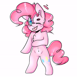 Size: 5645x5645 | Tagged: safe, artist:tehgamingcherryyt, pinkie pie, earth pony, pony, semi-anthro, absurd resolution, bipedal, female, mare, one eye closed, simple background, smiling, solo, tongue out, white background, wink