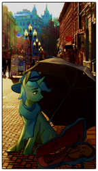 Size: 2040x3534 | Tagged: safe, artist:exclusionzone, artist:foxda, lyra heartstrings, pony, unicorn, collaboration, city, clothes, fiddle, hat, irl, moscow, photo, ponies in real life, russia, sad, scarf, sitting, solo, umbrella